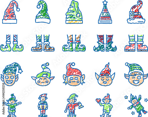 elf christmas cute character icons hand drawn