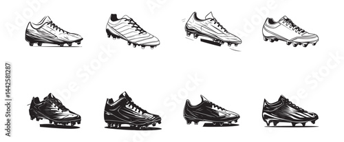 Soccer cleat and football boot illustration set, black and white vector illustration
