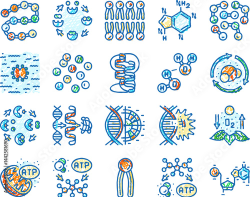 biotechnology chemistry science icons hand drawn