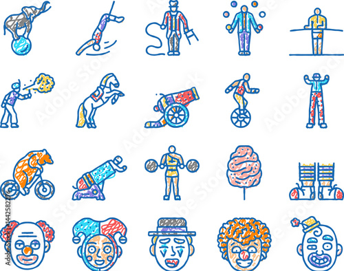 circus carnival vintage show icons hand drawn