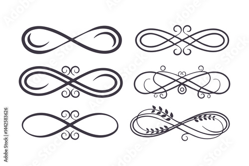 Infinity Symbols Vector Collection. Black Infinity Illustrations on White Background in Classic, Minimal, and Artistic Styles for Logos, Branding, and Math Concepts
