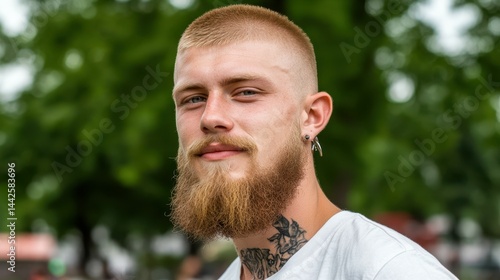 A man with a beard and a tattoo on his neck. He is wearing a white shirt. He is smiling