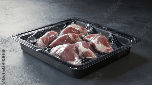 Obraz na płótnie Raw meat for dogs in plastic containers and vacuum-sealed bags on kitchen surface, prepared for freezer storage. Healthy raw food for pets w salonie
