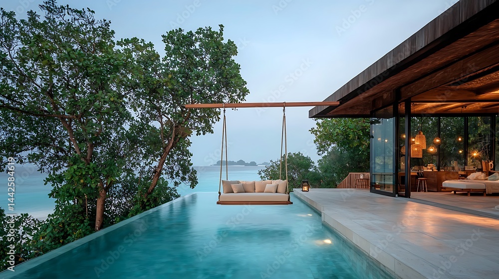 Fototapeta premium Luxurious infinity pool villa with swing