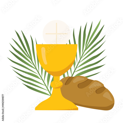 golden holy communion chalice, palm leaves and bread; design element for first holy communion invitations and greeting cards - vector illustration
