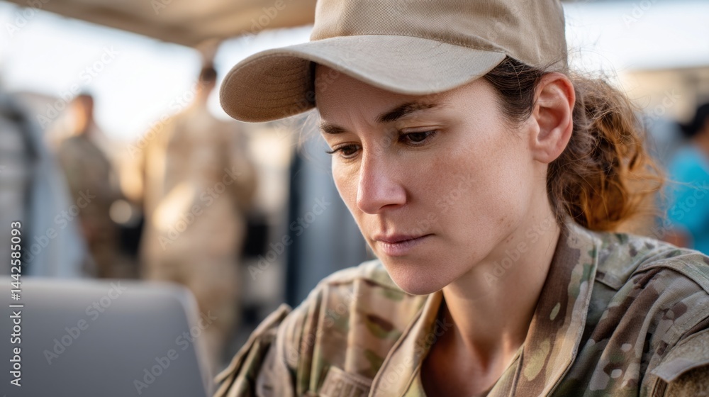 A woman in a military uniform diligently reviews information on her laptop while stationed in a tactical setting