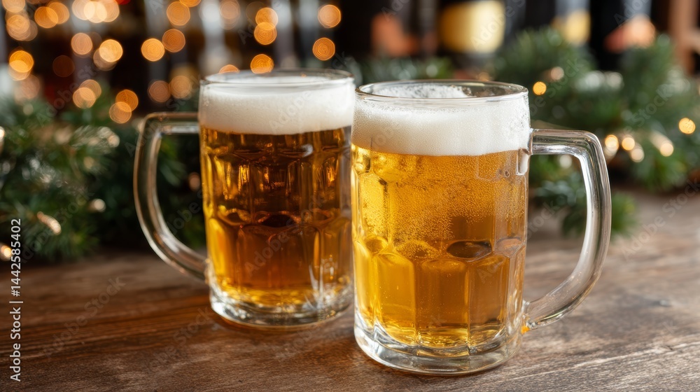 Two frothy beer mugs clink in a warmly lit rustic bar, showcasing celebration and friendship against a cozy backdrop, perfect for enjoying good times Two frothy beer mugs clink in a warmly lit rustic bar, showcasing celebration and friendship against a cozy backdrop, perfect for enjoying good times