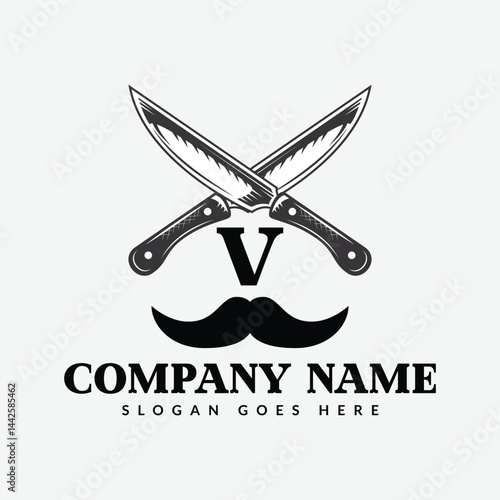 Salon and Hair Cutting Logo on Letter V Sign. Barber Shop Icon with Logotype Concept