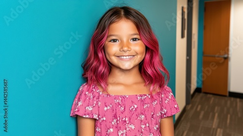 A girl with pink hair is wearing a pink dress. She is smiling. The room is blue