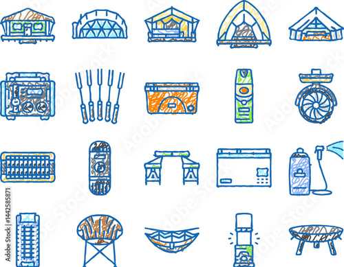 glamping tent nature luxury icons hand drawn