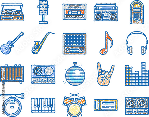 retro music vintage style icons hand drawn