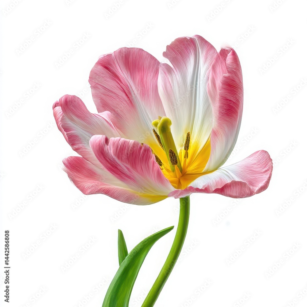 Naklejka premium Pink tulip flower close up photograph on white background