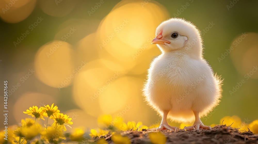 A Fluffy Little Yellow Chick Stands Amongst Flowers In Sunlight A Fluffy Little Yellow Chick Stands Amongst Flowers In Sunlight