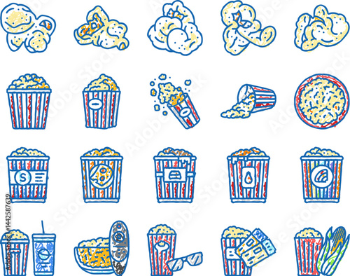 popcorn corn pop cinema icons hand drawn