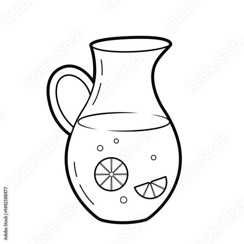 Glass jug with lemonade with lemon slices. Fresh lemon drink. Outline vector illustration, isolated on white background.