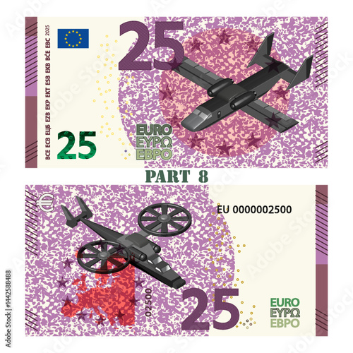 Vector obverse and reverse of fictitious military banknote of European Union. Banknote of 25 euros. Security spotted background. 3D transport plane, futuristic helicopter. Money of Europe. Part 8