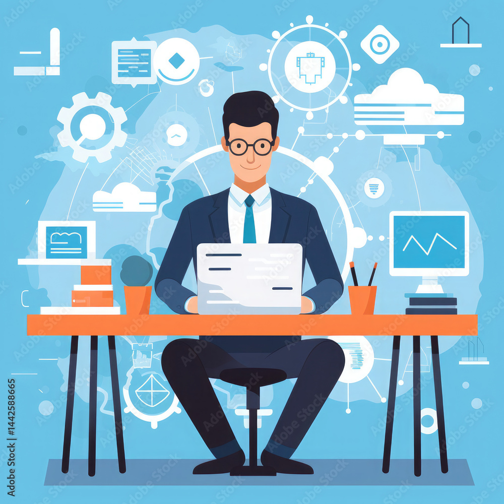 Flat Vector Business Man Working at Workplace with Tech
Flat Vector Business Man Working at Workplace with Tech