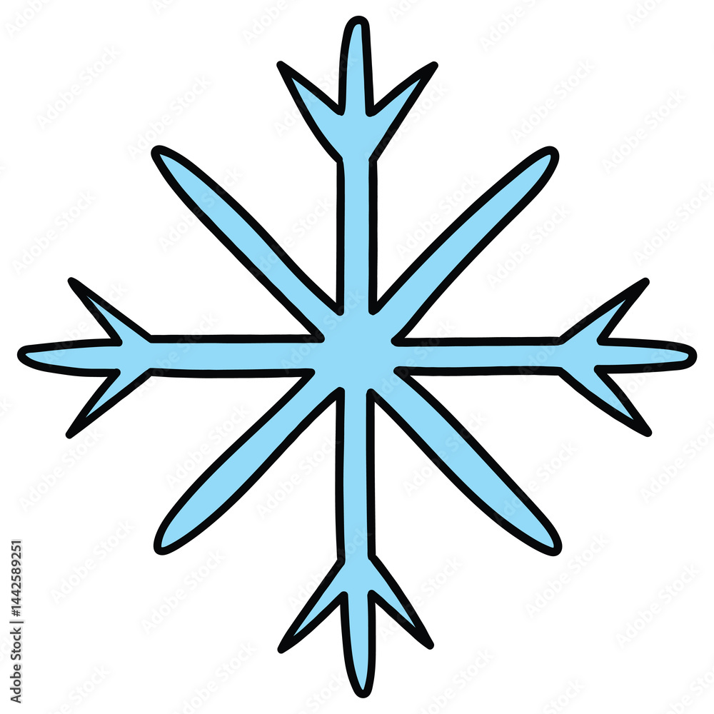 Fototapeta premium Hand drawn cartoon blue snowflake on white background.