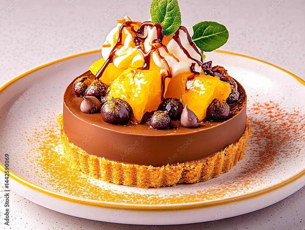 A sophisticated chocolate yuzu tart featuring a rich, glossy chocolate layer paired with vibrant citrus flavors, offering a refined and modern dessert experience.