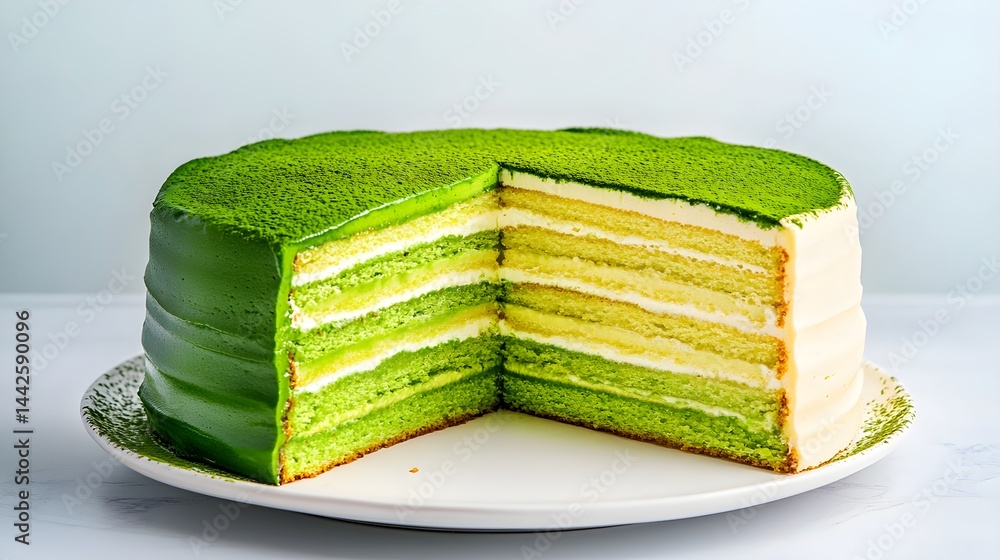 A delicate rare matcha mille crepe cake featuring ultra-smooth, soft, and thin green tea layers, showcasing refined dessert craftsmanship and subtle sweetness.