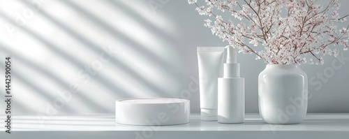 Empty white cosmetic display with cherry blossoms