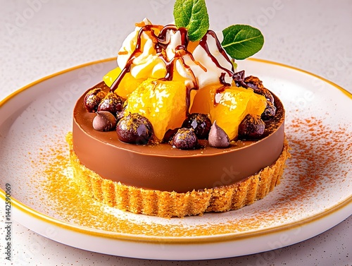 Obraz na płótnie A sophisticated chocolate yuzu tart featuring a rich, glossy chocolate layer paired with vibrant citrus flavors, offering a refined and modern dessert experience. w salonie