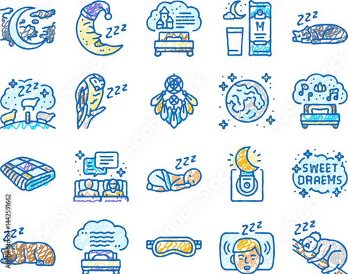 sleep bed pillow dream night icons hand drawn