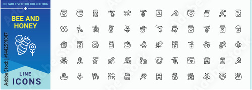 Bee And Honey icon set. Trendy minimal icons. Contain linear sign bee, honeycomb, organic, apiary, beehive, beeswax. Editable stroke. Vector collection. Beehive related icon set.