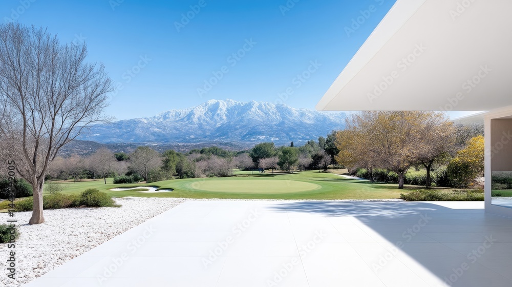 Fototapeta premium Mountain Golf Course View Modern Minimalist Architecture High-Definition Bright Sunlight Wide Panoramic Shot Serene Landscape Luxury Real Estate Bright Sunny Hues Ideal for Property Marketing