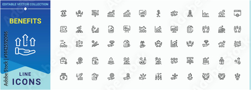 Benefits line icon set. It contains symbols to benefit, reward, employee benefit, bonus. Bonus icon set. Sign and Symbol. Editable vector stroke.