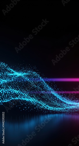 Abstract Neon Wave Digital Art: Glowing Cyan Particles and Pink Rays on Dark Background