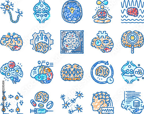 neuroscience brain neurology icons hand drawn