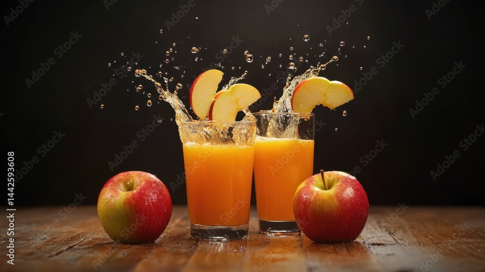 glasses of fresh orange apple juice splash energetically with apple slices as whole red apples