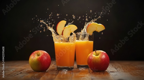 Obraz na płótnie glasses of fresh orange apple juice splash energetically with apple slices as whole red apples w salonie