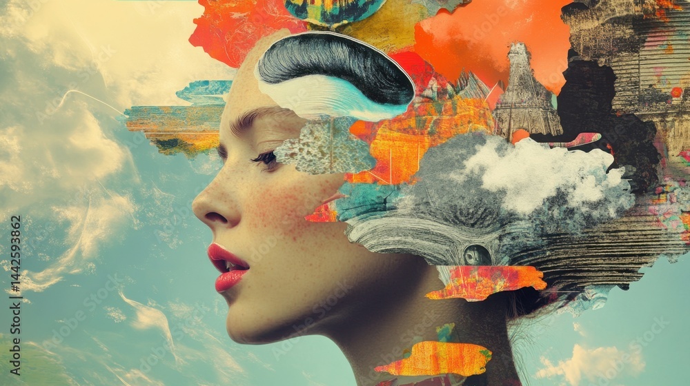 A surreal collage artwork of a woman's profile merges with vibrant abstract textures, natural elements