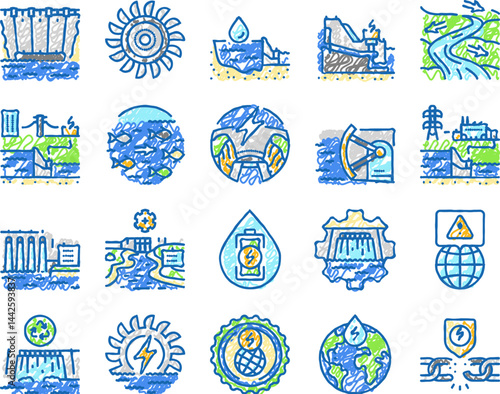 hydroelectric power plant energy icons hand drawn