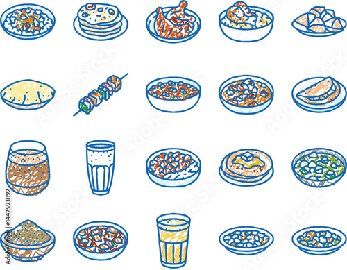 indian cuisine food curry icons hand drawn