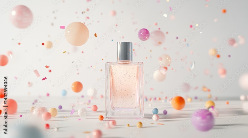 A clear perfume bottle with pink liquid and glitter stands centered on a white surface surrounded by floating pastel spheres