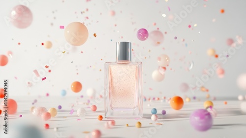 Obraz na płótnie A clear perfume bottle with pink liquid and glitter stands centered on a white surface surrounded by floating pastel spheres w salonie