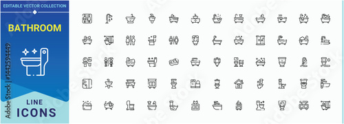Bathroom line icon set. Toilet related icon set. Minimalist icons collection. Contains such symbols as room, sanitary, bath, toilet and more. Signs for web and mobile app.