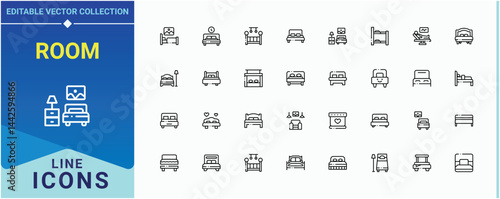 Room modern icon set. Featuring home, house, bed, furniture, decor, bedchamber, living and more. Bed Room icon set. Minimal icons pack. Editable stroke. Vector collection.