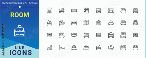 Room vector line icon set. Contains related to living, bedchamber, furniture, bed and more. Bed Room icon set. Modern linear icons. Vector illustration.