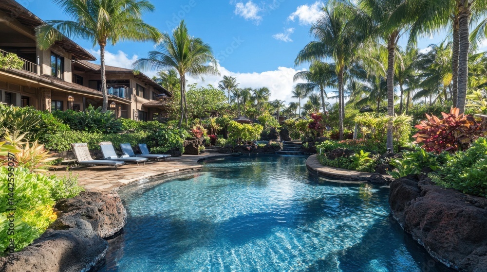 A luxurious tropical resort features a crystal-clear lagoon-style pool surrounded by lush palm trees, vibrant plants