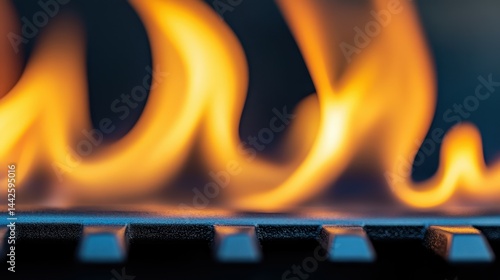 A grill with a fire on it. The fire is orange and yellow. The grill is black