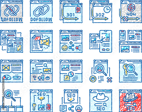 seo technical audit icons hand drawn