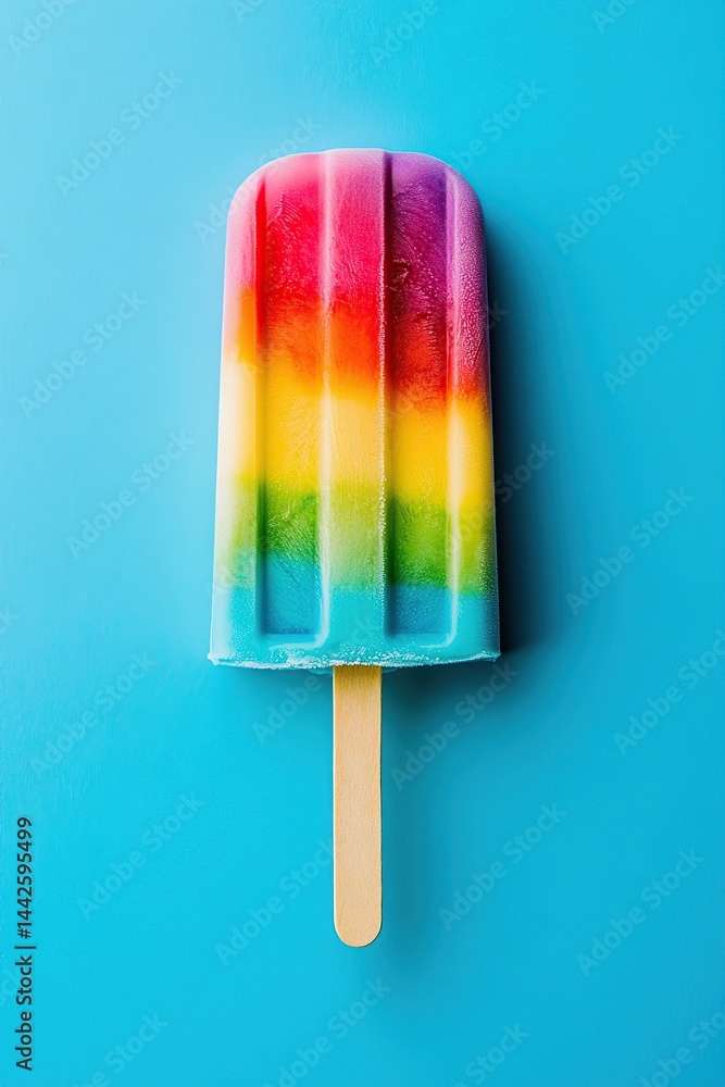 Cream popsicle featuring vibrant rainbow colors on a bright blue backdrop