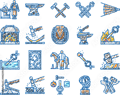 blacksmith forge anvil hammer icons hand drawn