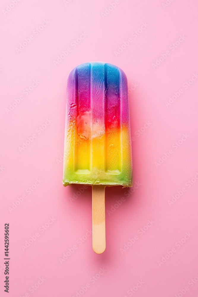 Colorful cream popsicle with rainbow hues on a pink background