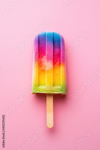 Colorful cream popsicle with rainbow hues on a pink background