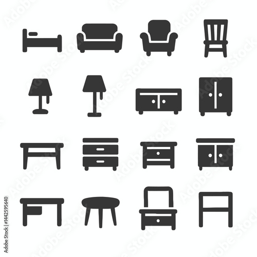 Set of black furniture icons including bed, sofa, armchair, dining chair, table lamps, TV stand, cabinet, wardrobe, writing desk, nightstand, coffee table, and dressing table black silhouette illustra